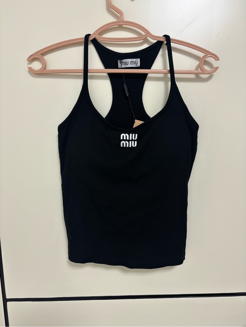Miu Miu Black Ribbed Racerback Tank Top with White Logo